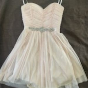 Blush semi-formal dress, chiffon exterior with rhinestones on satin strap.